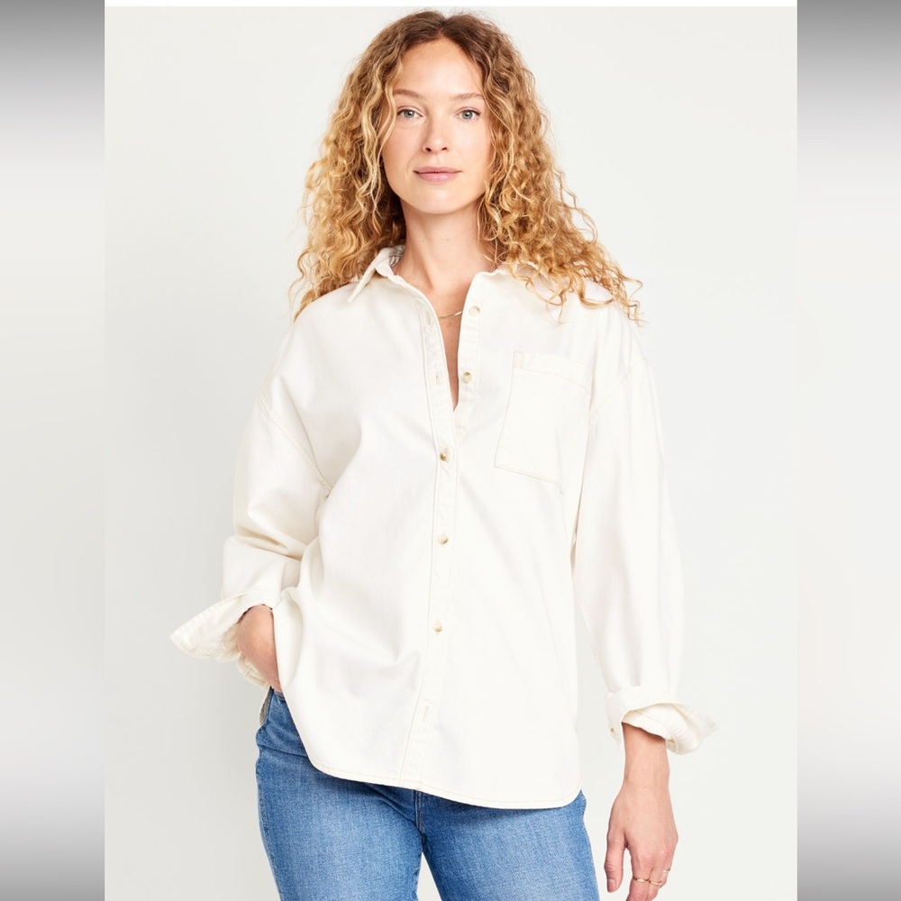 Old Navy Cream Button Down Jean Tunic Shirt